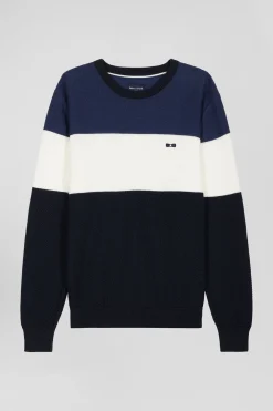 Pull col rond en coton bleu marine et bleu à jeux de maille coupe Regular