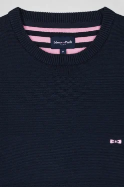 Pull col rond en coton bleu marine à jeux de maille coupe Regular