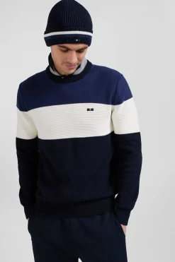 Pull col rond en coton bleu marine et bleu à jeux de maille coupe Regular