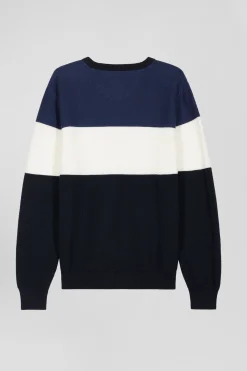 Pull col rond en coton bleu marine et bleu à jeux de maille coupe Regular