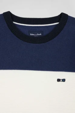 Pull col rond en coton bleu marine et bleu à jeux de maille coupe Regular
