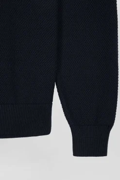 Pull col rond en coton bleu marine et bleu à jeux de maille coupe Regular