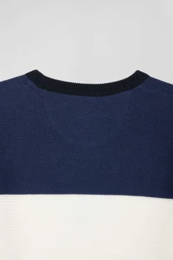 Pull col rond en coton bleu marine et bleu à jeux de maille coupe Regular