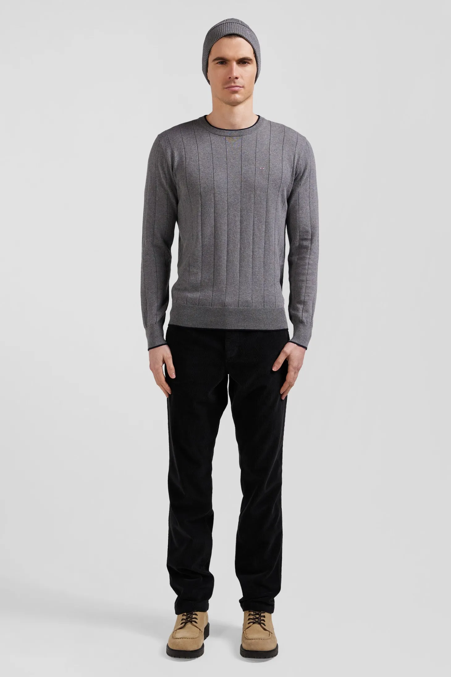 Pull col rond en coton et cachemire gris coupe Regular