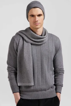 Pull col rond en coton et cachemire gris coupe Regular