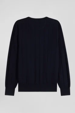 Pull col rond en coton et cachemire bleu marine coupe Regular