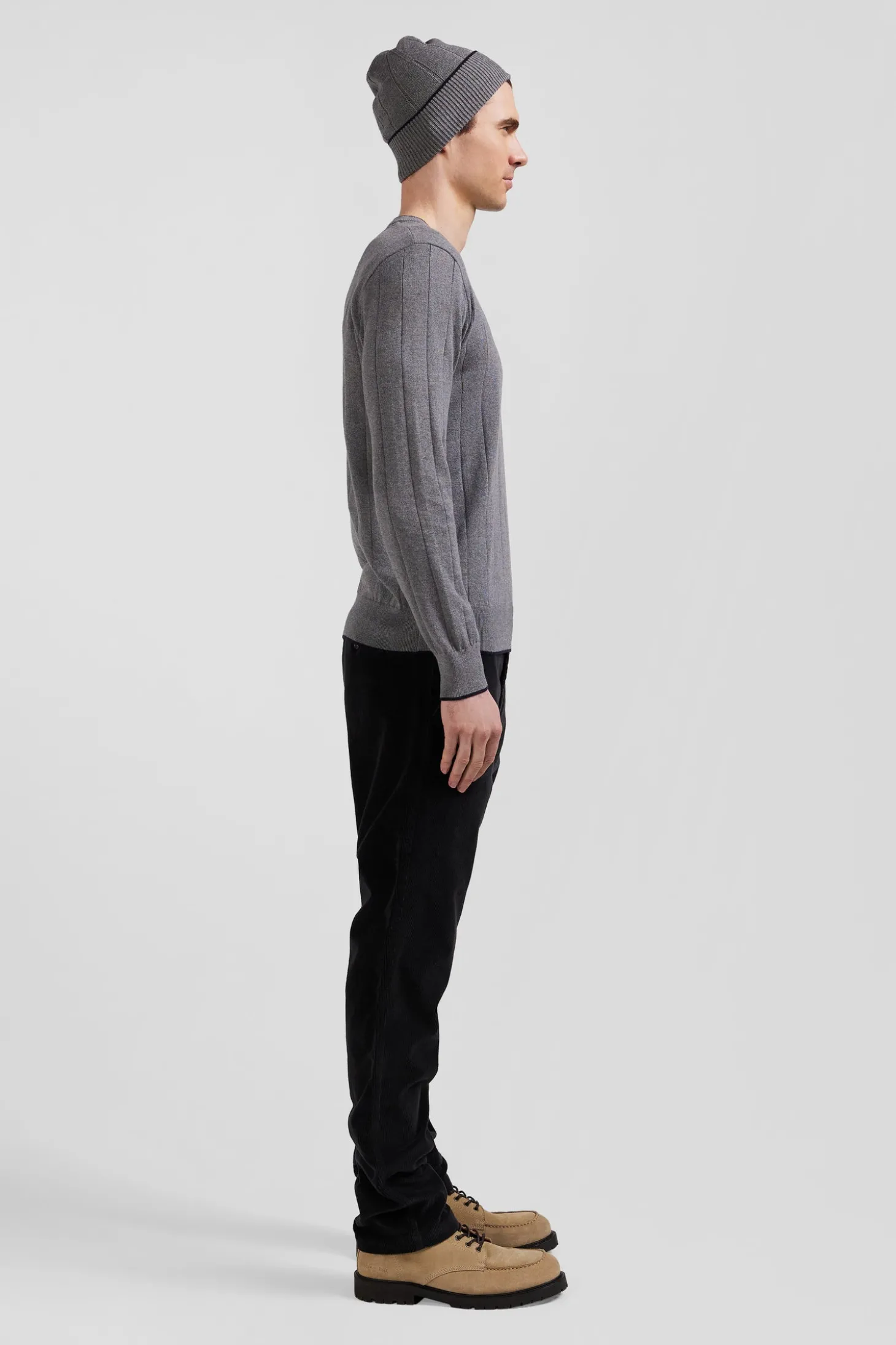 Pull col rond en coton et cachemire gris coupe Regular