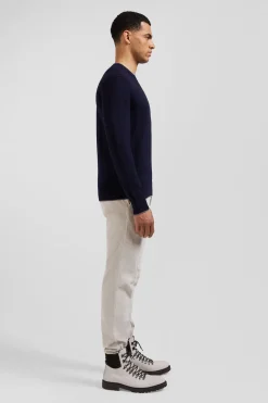Pull col rond en coton et cachemire bleu marine coupe Regular