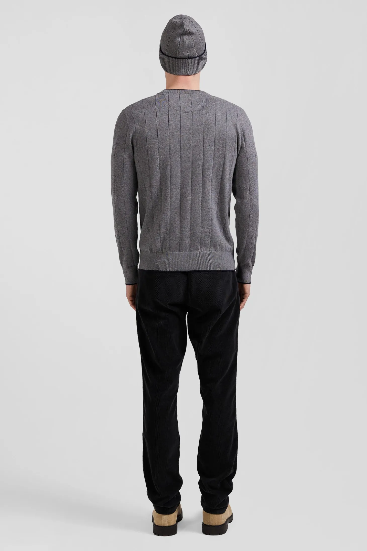 Pull col rond en coton et cachemire gris coupe Regular