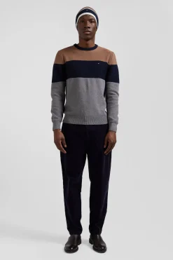 Pull col rond en coton gris et camel à jeux de maille coupe Regular