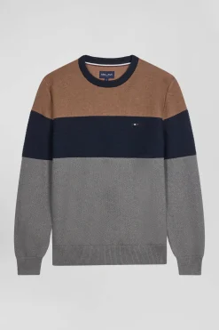 Pull col rond en coton gris et camel à jeux de maille coupe Regular