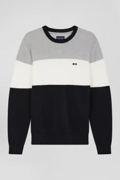 Pull col rond en coton gris et blanc à jeux de maille coupe Regular