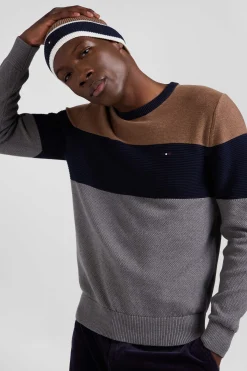 Pull col rond en coton gris et camel à jeux de maille coupe Regular