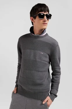 Pull col rond en coton gris à jeux de maille coupe Regular