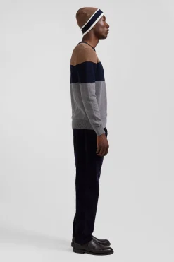 Pull col rond en coton gris et camel à jeux de maille coupe Regular