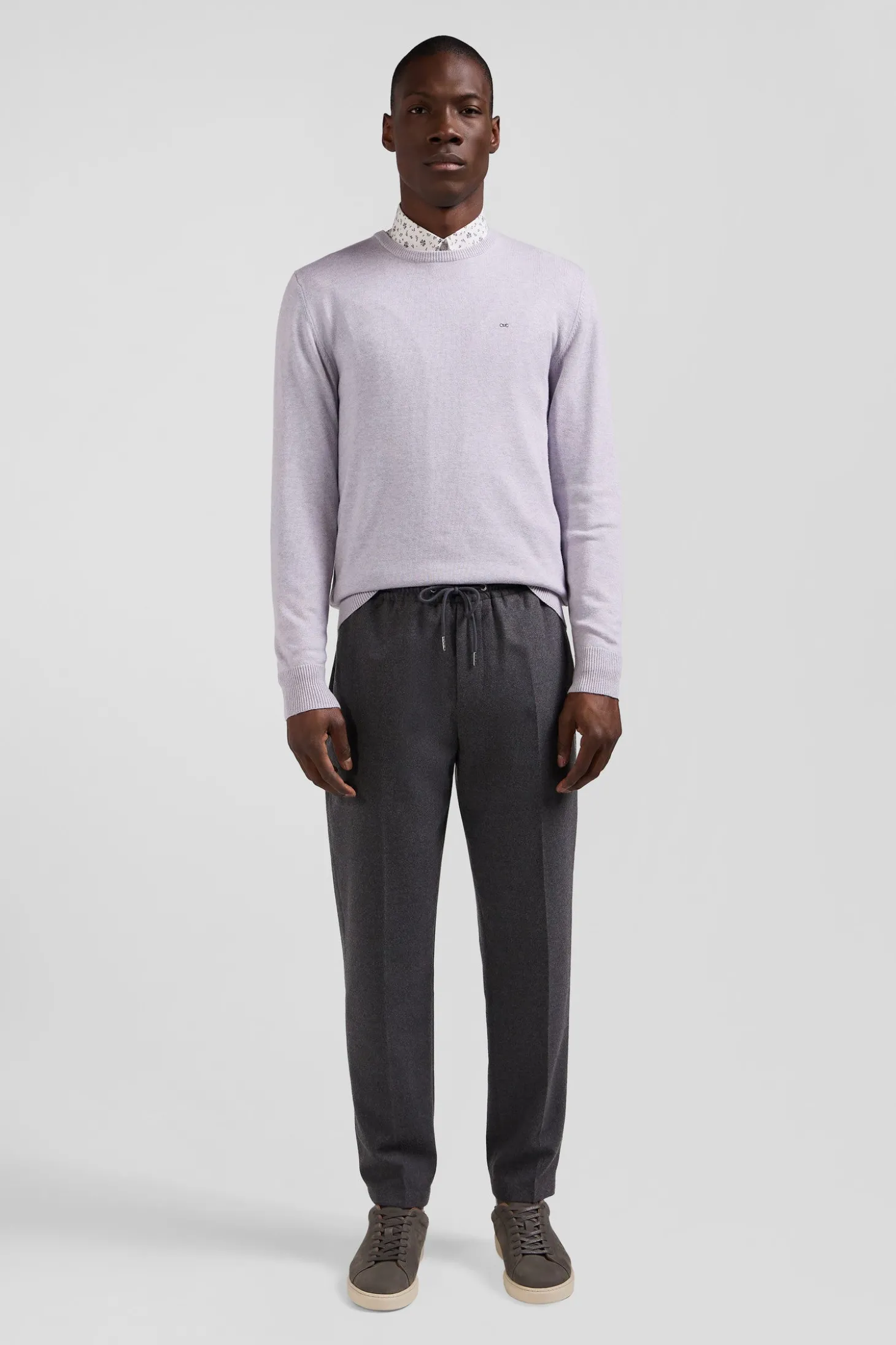 Pull col rond en laine et coton gris coupe Regular