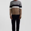 Pull col rond en laine et coton marron à jeux de maille coupe Regular
