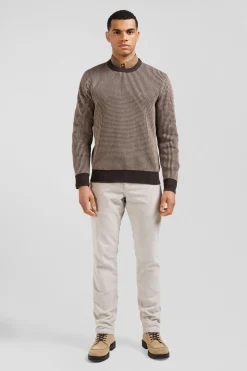 Pull col rond en laine et coton marron coupe Regular