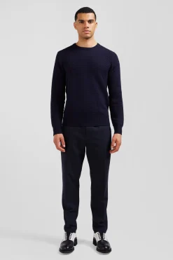 Pull col rond en laine et coton bleu marine coupe Regular effet micro nœud papillon