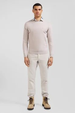 Pull col rond en laine et coton beige coupe Regular