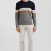 Pull col rond en laine et coton gris à jeux de maille coupe Regular