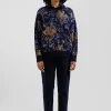 Pull col rond en laine et coton marine à motifs floraux coupe Oversized