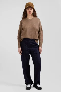 Pull col rond en laine et coton marron coupe Relaxed
