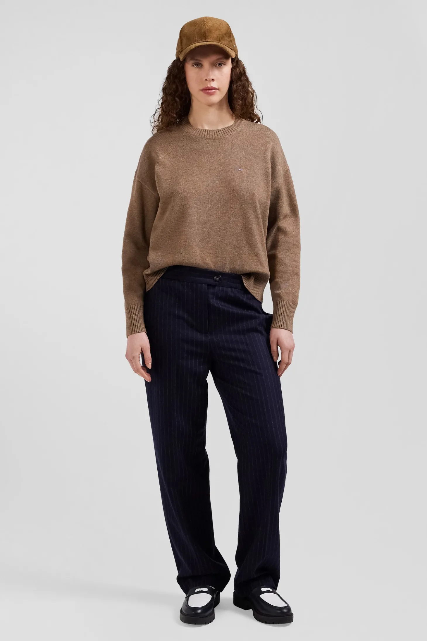 Pull col rond en laine et coton marron coupe Relaxed