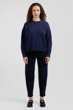 Pull col rond en laine et coton bleu marine coupe Relaxed