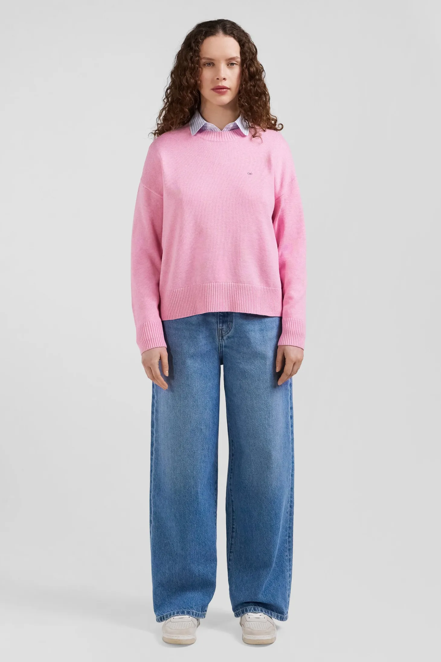 Pull col rond en laine et coton rose coupe Relaxed