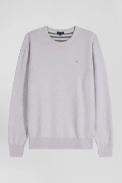 Pull col rond en laine et coton gris coupe Regular