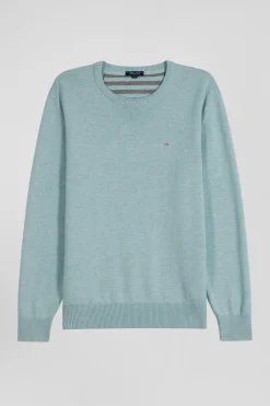 Pull col rond en laine et coton vert coupe Regular