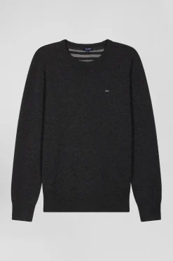 Pull col rond en laine et coton gris anthracite coupe Regular