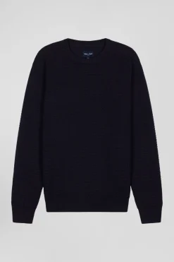 Pull col rond en laine et coton bleu marine coupe Regular effet micro nœud papillon