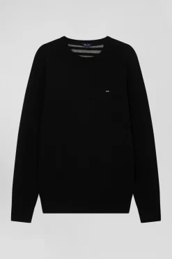 Pull col rond en laine et coton noir coupe Regular