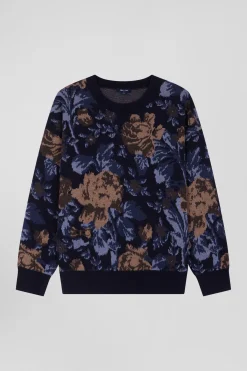 Pull col rond en laine et coton marine à motifs floraux coupe Oversized