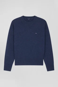 Pull col rond en laine et coton bleu marine coupe Relaxed