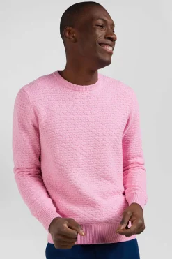 Pull col rond en laine et coton rose coupe Regular effet micro nœud papillon
