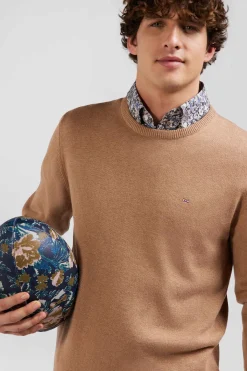 Pull col rond en laine et coton camel coupe Regular