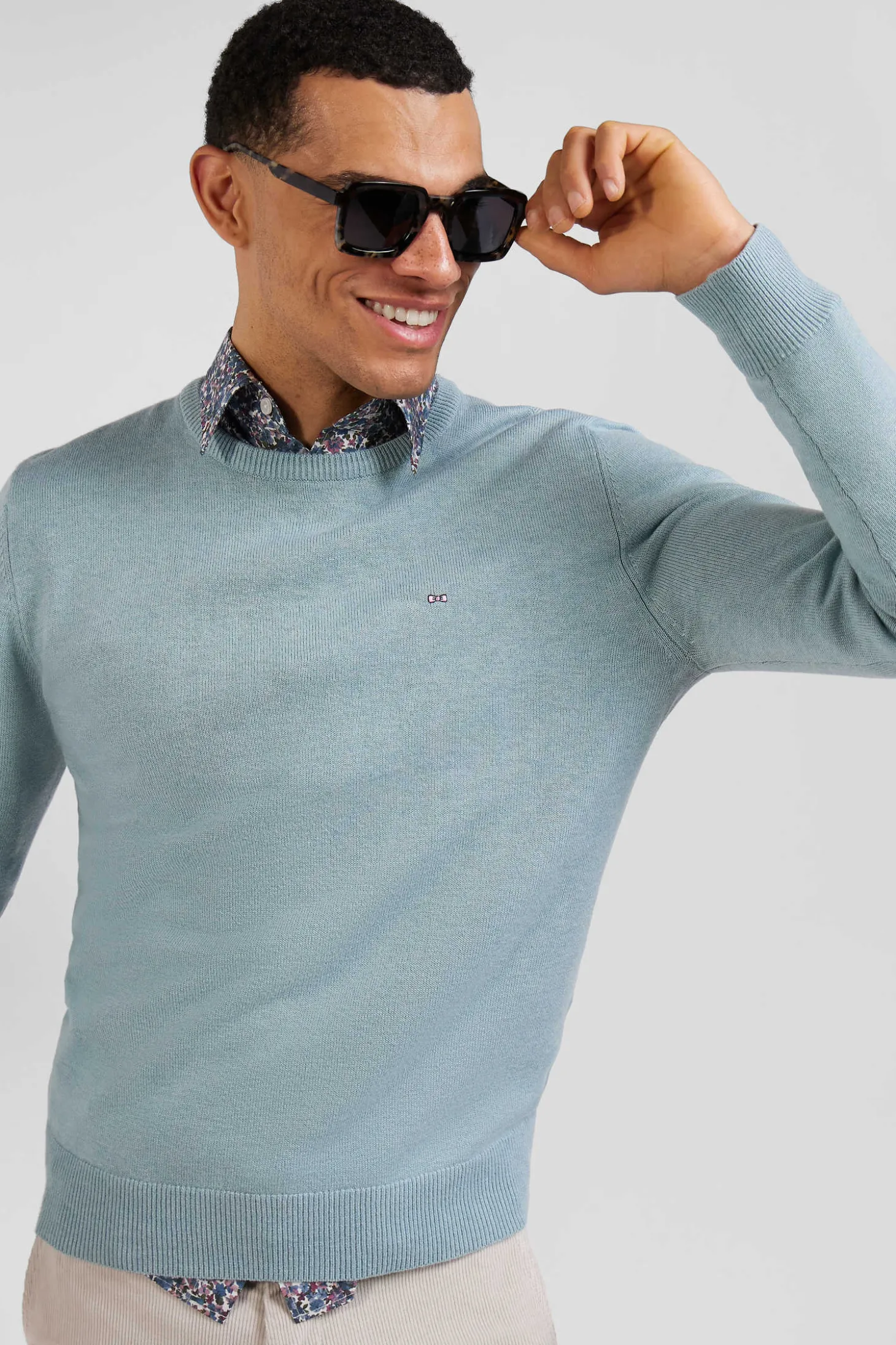 Pull col rond en laine et coton vert coupe Regular