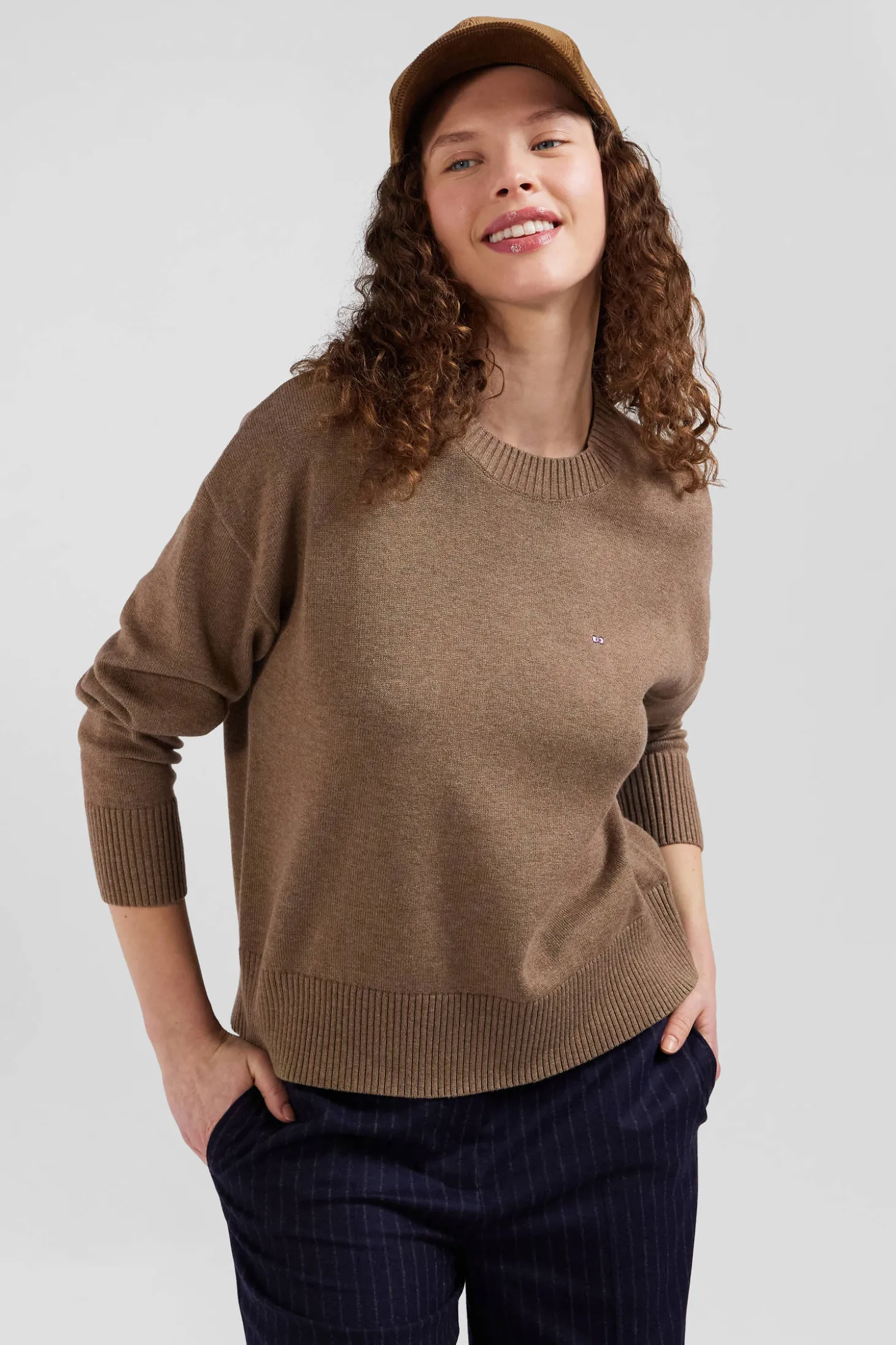 Pull col rond en laine et coton marron coupe Relaxed