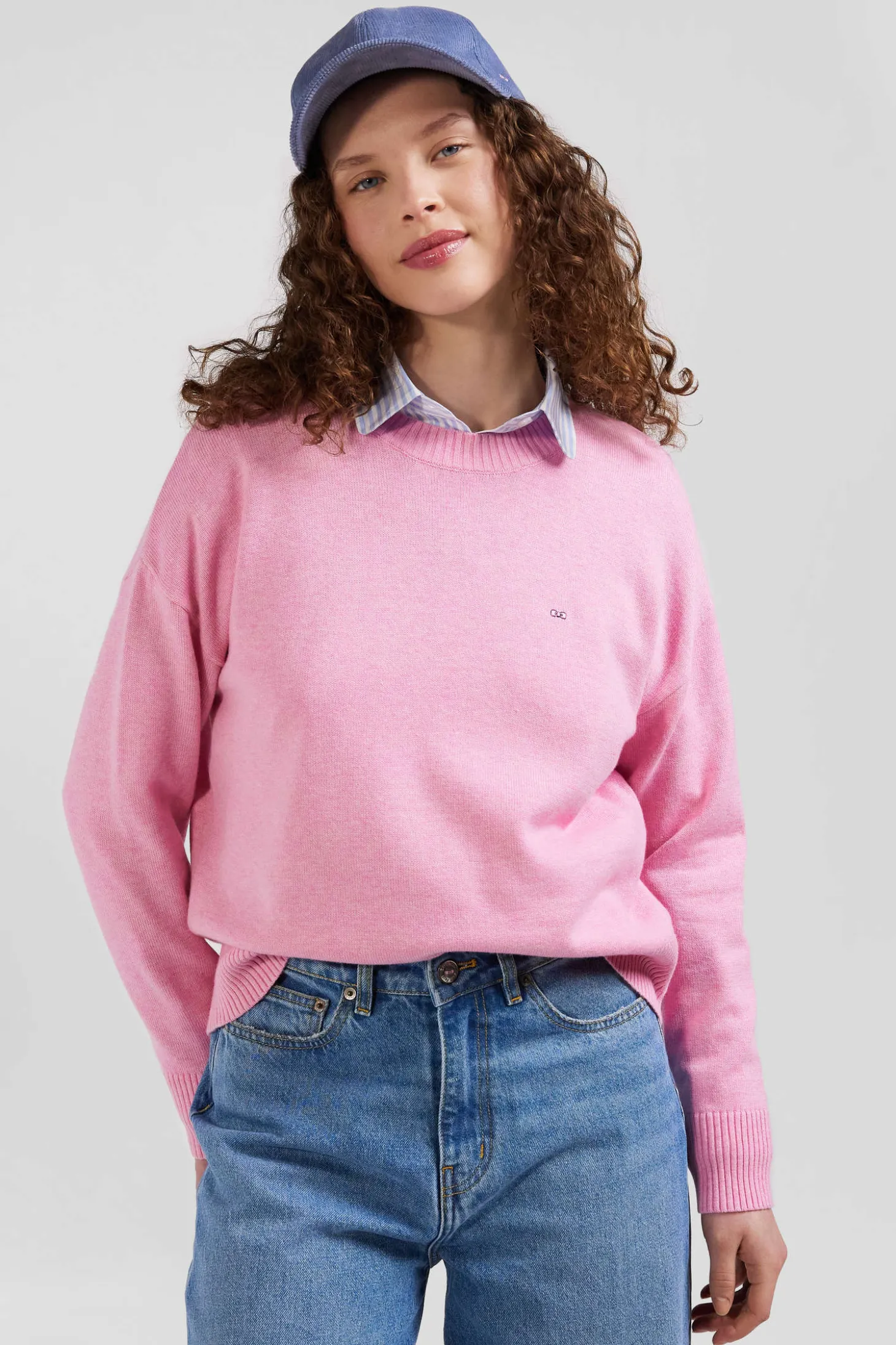 Pull col rond en laine et coton rose coupe Relaxed