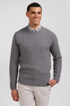 Pull col rond en laine et coton gris coupe Regular effet micro nœud papillon