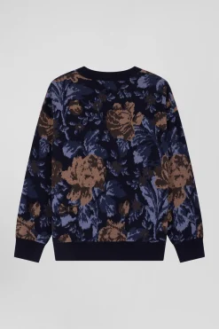 Pull col rond en laine et coton marine à motifs floraux coupe Oversized
