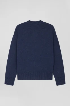 Pull col rond en laine et coton bleu marine coupe Relaxed