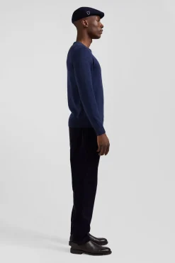 Pull col rond en laine et coton bleu foncé coupe Regular