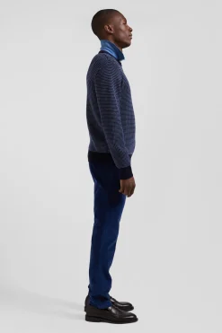 Pull col rond en laine et coton bleu marine coupe Regular
