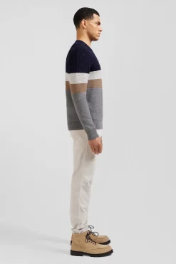 Pull col rond en laine et coton gris à jeux de maille coupe Regular
