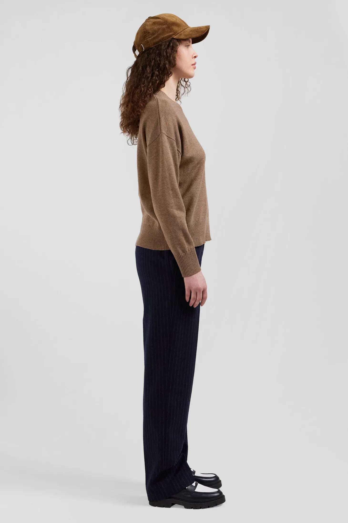 Pull col rond en laine et coton marron coupe Relaxed