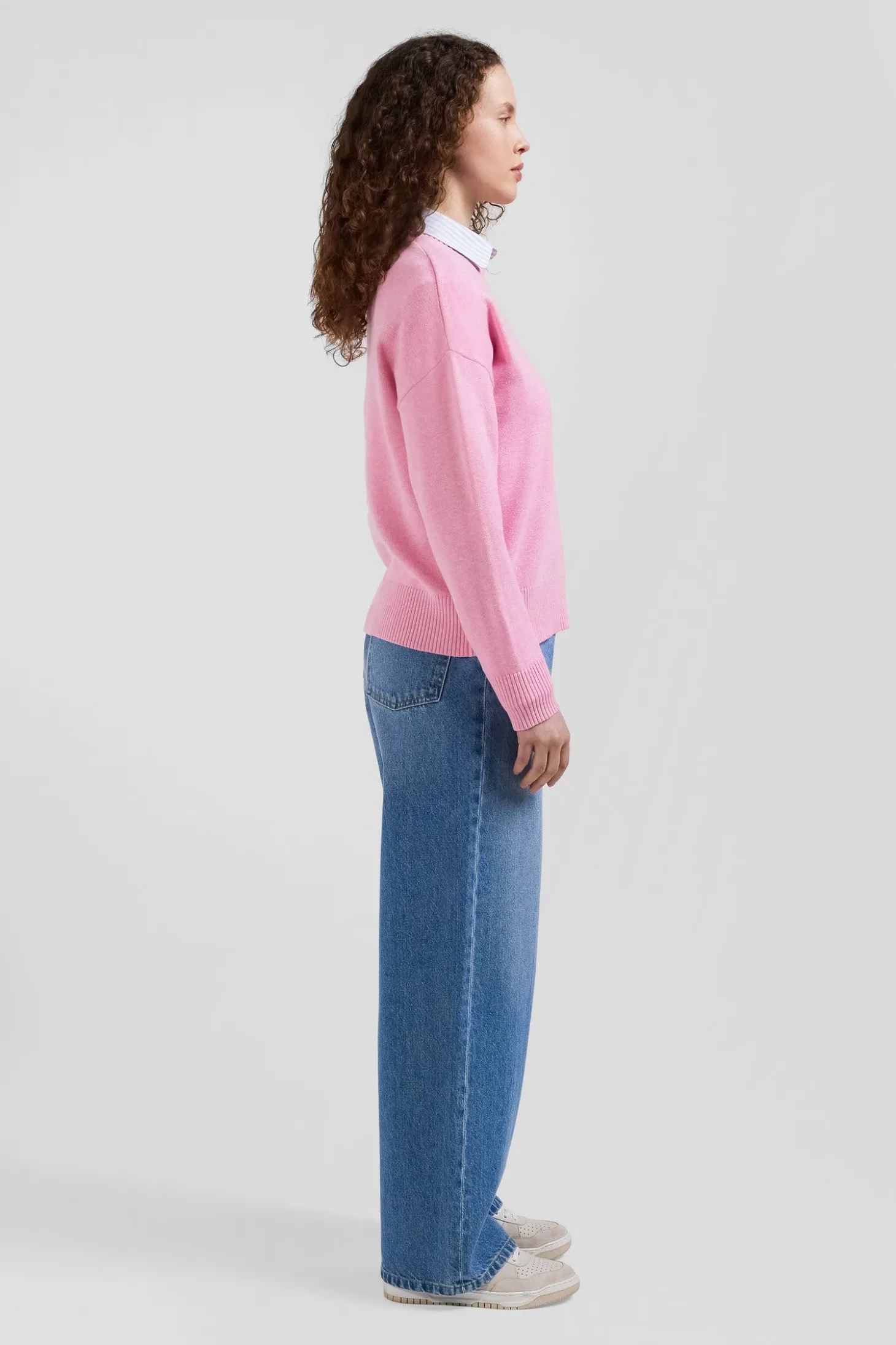 Pull col rond en laine et coton rose coupe Relaxed